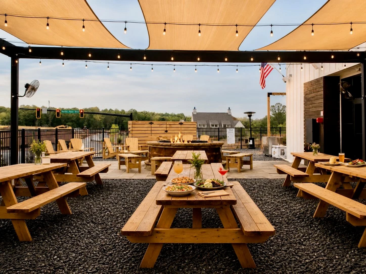 Outdoor patio with fire pit and lawn games